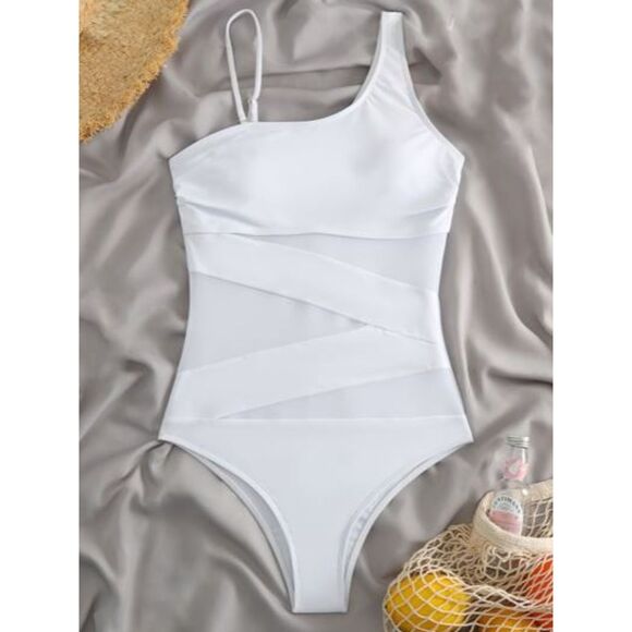 NEW Blooming Jelly One Shoulder White Swimsuit XL Mesh Insert NWT - Picture 3 of 6